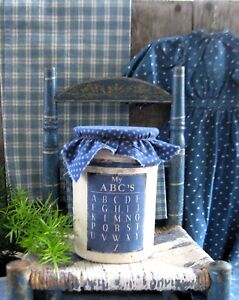 Small Antique Crock White Paint Abc Chart Blue Calico Topper Free Shipping