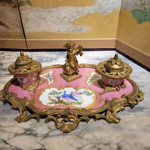 Large Great Quality Sevres Gilt Bronze Mounted Porcelain Inkwell 19c 