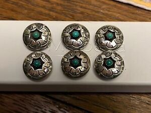 Vintage Sterling Silver Set Of 6 Navajo Turquoise Concho Button Covers