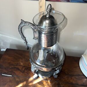 Vintage Silver Plated And Glass Coffee Tea Carafe Pot With Metal Warmer Stand