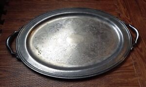 Oval Serving Tray With Handles Etched Silver Plated 23 1 4 X 14 5 