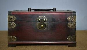 8 Rare Old China Red Wood Bronze Hand Carving Palace Portable Jewelry Box