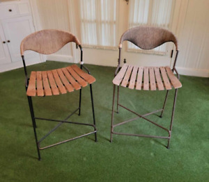 2 Arthur Umanoff Raymor Woven Wrought Iron Counter Bar Stool Chair Mid Century