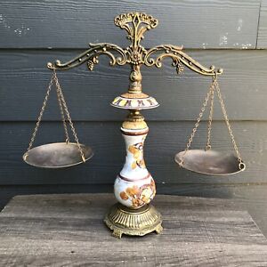 Vintage Brass Ceramic Balance Scales Of Justice Kitchen Home Decor Mcm 18 Tall