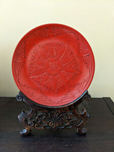 Vintage Chinese Lacquerware Hand Carved Plate With Original Carved Wood Stand