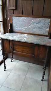Antique English Oak Washstand With Marble Top And Backsplash