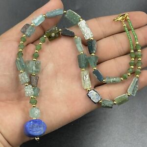 Unique Ancient Roman Glass Beads Old Lapis Intaglio Seal Stamp Amulet Necklace