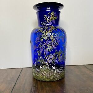 Vtg Cobalt Blue Apothecary Jar W Ground Glass Stopper Lid 7 Handpainted Signed