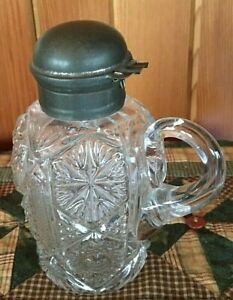 Antique Syrup Server Eapg Pewter Thumb Tab Top 6 Tall Pressed Glass Unk Pattern