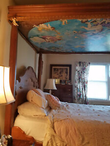 Antique Victorian 1800s 4 Poster Bed W Breathtaking Hand Painted Canopy Top Wow 