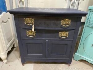 Antique Painted Wash Stand Small Storage Table Gold Handles Dark Blue Black