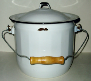 Vintage Old Porcelain Enamelware Chamber Pot Bucket Lid Wood Handle