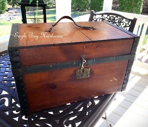 Antique Wood Salesman Sample Or Doll Travel Steamer Trunk 1869 Leather Handle