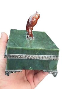 Edward Farmer Sterling Silver Dresser Box Nephrite Jade Carnelian Carved Parrot