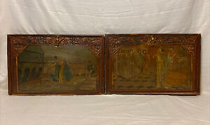 Antique 19th Century Sicilian Donkey Cart Panels Oil Paintings On Wood Carved