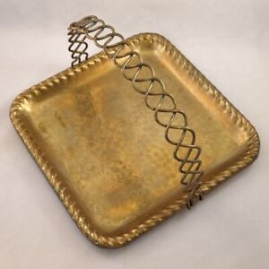 Vintage Swedish Hand Hammered Square Brass Tray With A Braided Handle 8 X 8 