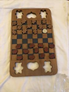 Vintage Handmade Wooden Teddy Bear Checkerboard Game Primitive 8 5x14