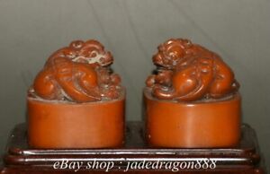 2 6 Chinese Marked Shoushan Stone Pair Beast Brave Troops Statue Seal Box