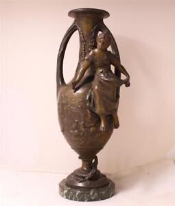 Antique Art Nouveau Bronze Metal Patinated Figural Vase By F Moreau C 1900