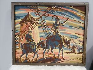 Gorgeous Needlepoint Vintage Spaniard Bull Sunset Framed Completed Mcm Western