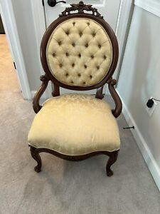 Antique French Victorian Armchairs With Upholstered Seats Pair