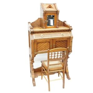 Antique English Arts Crafts Ladies Writing Desk W Chair