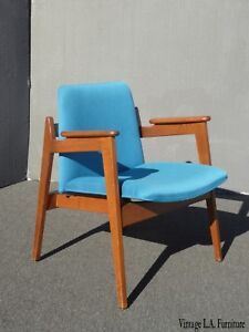 Vintage Mid Century Modern Milo Baughman Style Blue Accent Chair Clam Shell