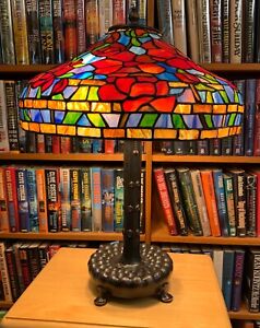 Antique Tiffany Reproduction Summer Peony Leaded Glass Lamp Bronze Four Leg Base