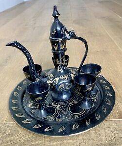 Vintage Etched Brass Middle Eastern Arabic Islamic Turkish Small Coffee Tea Set