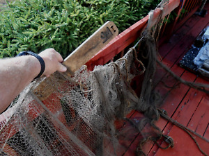 Vtg Antique Kanji Japanese Wood Crab Fish Net Floats 7 W Net Rope Fish Decor 