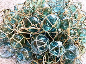 Japanese Glass Fishing Floats 10pc Net Rope Blown Glass Blue Green 2 3 In