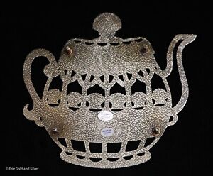 Vintage Silverplated Teapot Shaped Trivet With Seashell Pattern