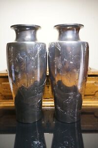 Rare Superb Japanese Meiji Silver Vases Pair Solid Silver Signed Roosters