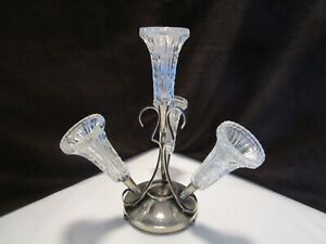 Art Nouveau English Silverplate Epergne 4 Crystal Glass Vase Centerpiece 1900 S