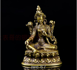 Asia Old China Tibet Bronze Solid Small Green Tara Buddha Statue