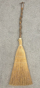 Handmade Whisk Broom Straw Wooden Carved Handle Primitive Hearth Broom 33 Inch