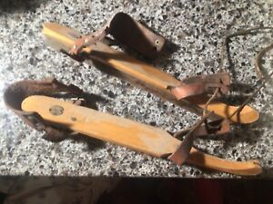 Antique Wood Metal Skates With Leather Straps