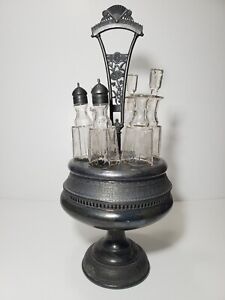 Victorian Silver Plated Etched Glass 6pcs Antique Cruet Condiment Caddy Set