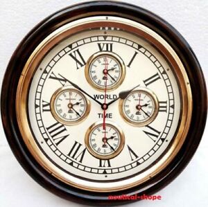 Wall Clock Antique Nautical Brass Wooden Round World Time Clock Wall Decor Gift