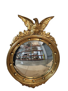 Antique Gold Gilt Girandole Oval Eagle Convex Mirror Federal Style
