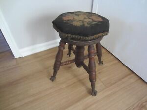 Antique Wood Piano Stool Glass Ball Claw Feet Victorian Swivel Needlepoint Seat