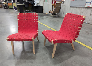 Jens Risom For Knoll Lounge Chair Maple Frame W Red Cotton Webbing Pair