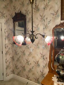 Antique 3 Arm Brass Hanging Light Lamp Chandelier W Cranberry Shades