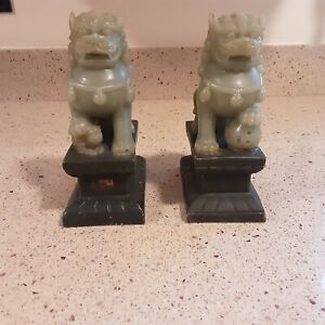 Vintage Pair Of Chinese Foo Dogs Statues Bookends Green Resin Composite 7 Tall