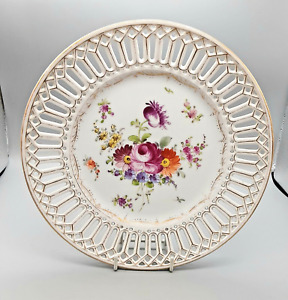Antique Vintage Dresden Porcelain Hand Painted With Flowers Pierced Plate 21cm