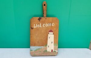 Primitive Antique Cutting Board Wood Chopping Block Lighthouse Handpainted Motif