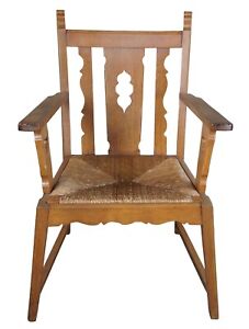 Antique Arts Crafts Oak Rush Seat Pierced Clover Club Lounge Arm Chair 33 