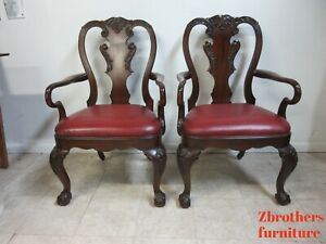 Pair Ethan Allen Mahogany Chippendale Carved Dining Room Arm Chairs Ball Claw
