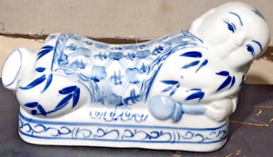 Antique Chinese Blue White Porcelain Opium Pillow Headrest Rotund Man Or Boy