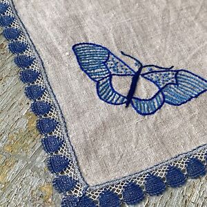 Sweet Handstitched Lace Trim Butterfly Vintage Flax Napkin Embroidery Embroider